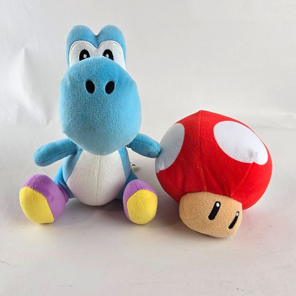 Nintendo Plush Bundle Yoshi Blue & Super Mario Red Mushroom Stuffed Toy Set